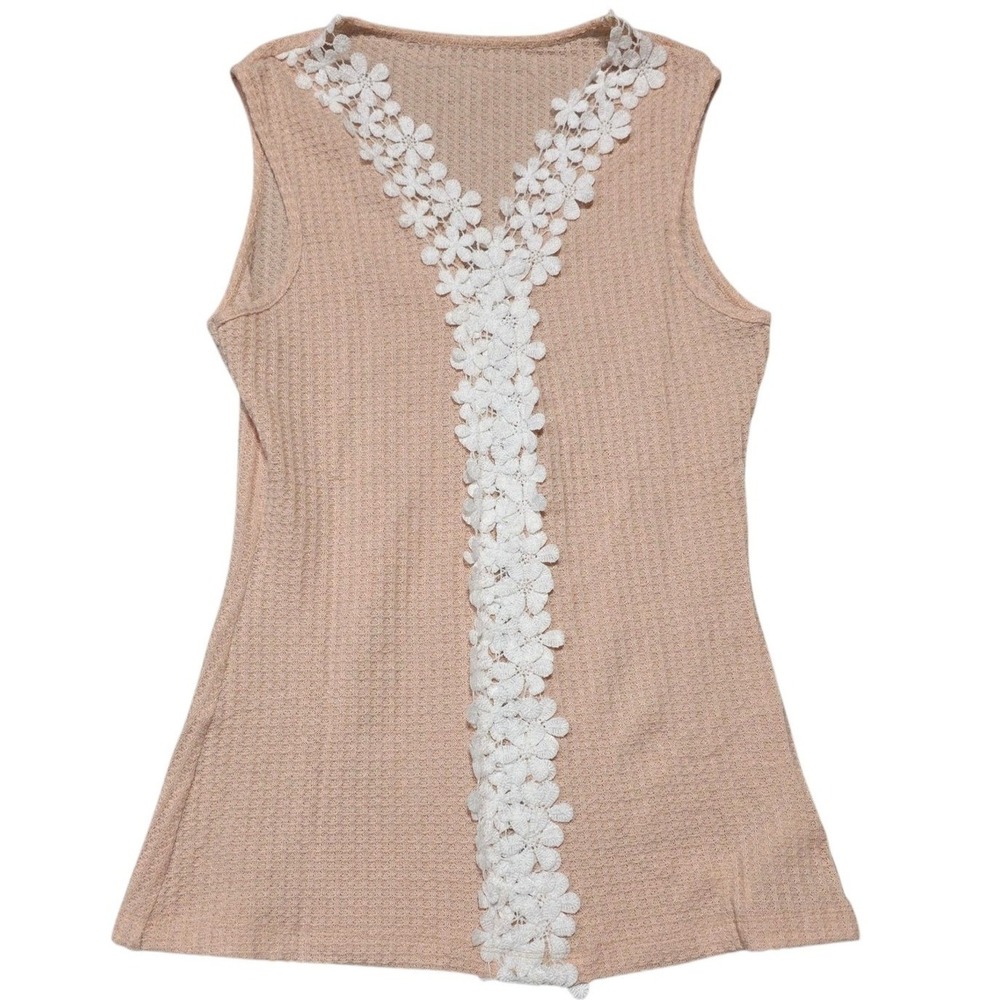 Cupshe Tank Top‎ Women S Pink Waffle Knit Crochet Floral Trim Sleeveless